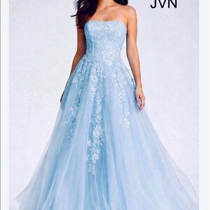 Formal Gown 2026 JVN by Jovani Light blue Strapless Embroidered Ball Gown Size 4